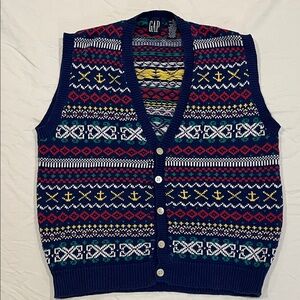 GAP Vintage Navy Nautical Fair Isle Button-Up Knit Vest M